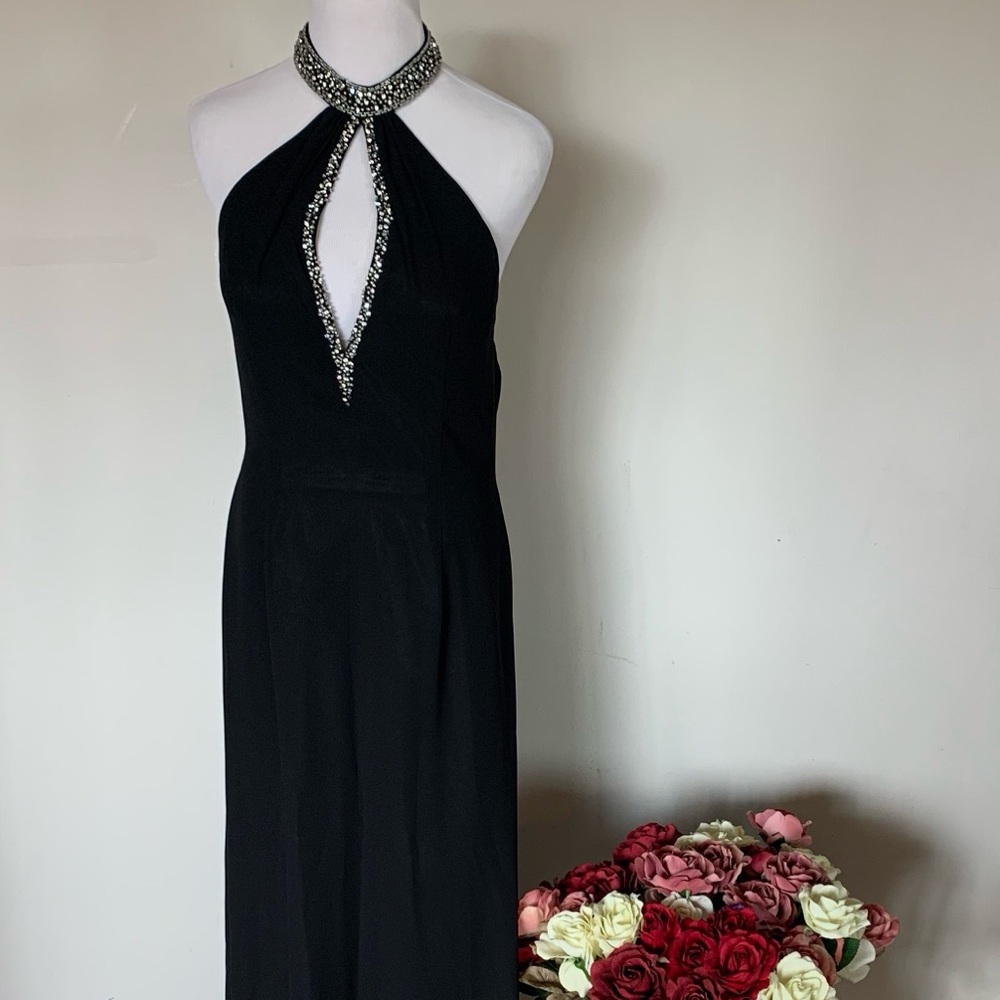 Elegant Black Halter Dress with Embellished Neckline